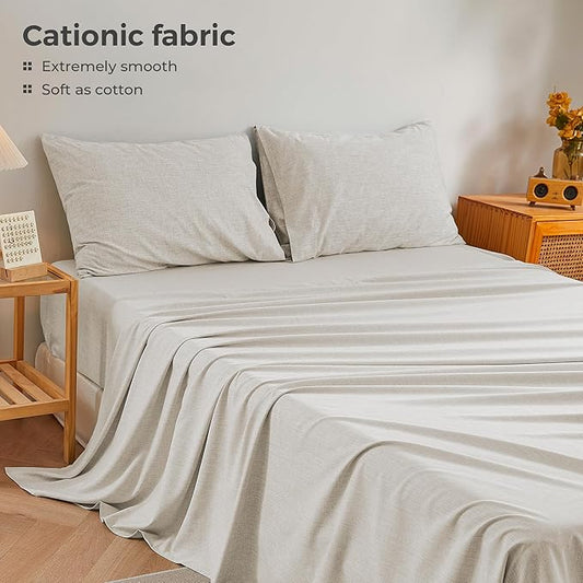 Queen Sheets Khaki, Ultral Soft Cationic Linen Look Sheets, Luxury Cooling Cozy Bed Sheet Set with Non-Slip Fitted Sheet