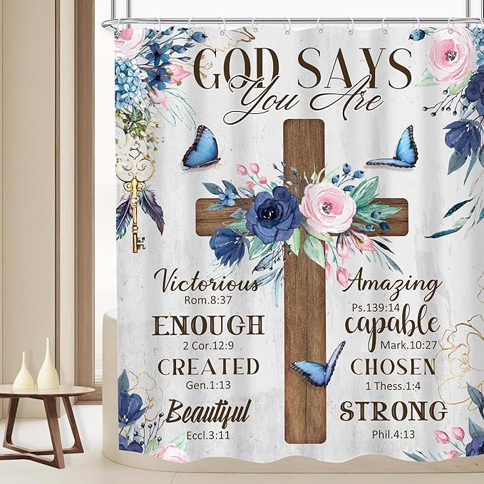MESHELLY Christian Flower Shower Curtain 60Wx72H Rustic Farmhouse Cross Teal Bible Verse Scriptures Bathroom Curtain Inspiration Quote Bath Curtain Fabric Motivational Bathroom Decor with 12 Hooks