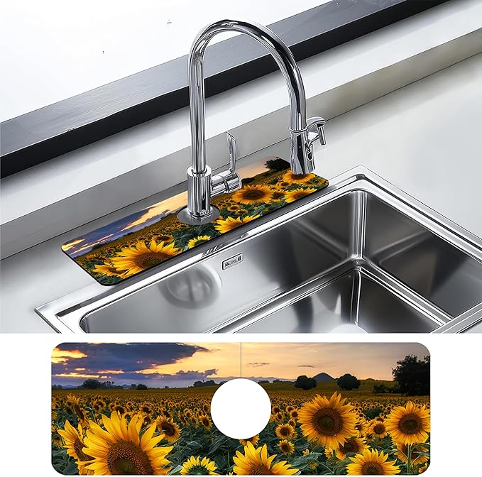 Kitchen Sink Splash Guard Faucet Mat Sunflowers Blooming at Sunset Sink Splash Guard Behind Faucet,1 PC Soft Diatom Mud Non-Slip Mat-for Kitchen,Dish Drying Mat,Bathroom Faucet Mat 15.5"X5.5"
