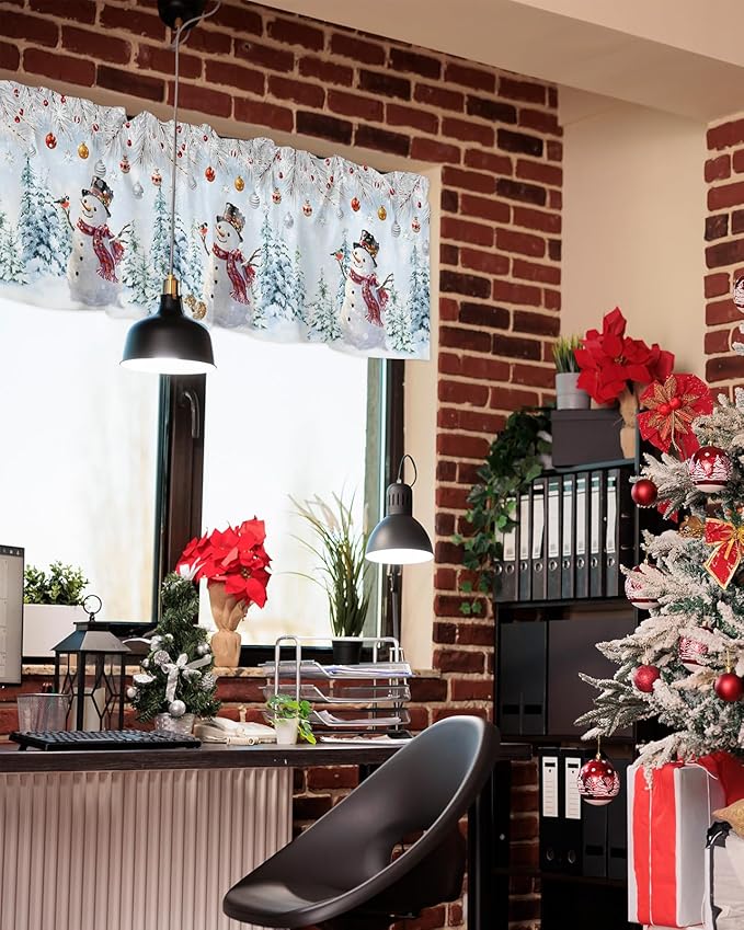 Snowman Valance Curtains for Kitchen Windows Blue Merry Christmas Tree Red Balls Squirrel Rod Pocket Window Treatment Toppers for Kitchen/Living Room/Bedroom/Bathroom, 60" X 18", Winter