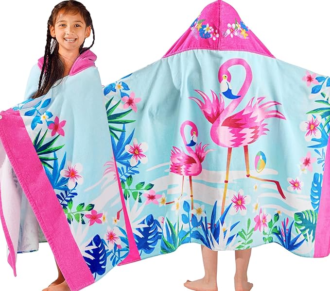 VOOVA & MOVAS Flamingo Hooded Towels for Girls Age 3-10, Soft | Thick |100% Cotton | Absorbent Wrap Towel, Perfect for Beach, Pool, Bath, Swim, Tropical Flamingo