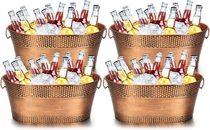 Nuogo 4 Pcs Stainless Steel Oval Ice Buckets for Parties 15 Qt/ 4 Gallon Galvanized Metal Drink Bucket with Handles Leak Resistant Beverage Tub Rustproof Wine Cooler Bucket Beverage Chiller(Bronze)