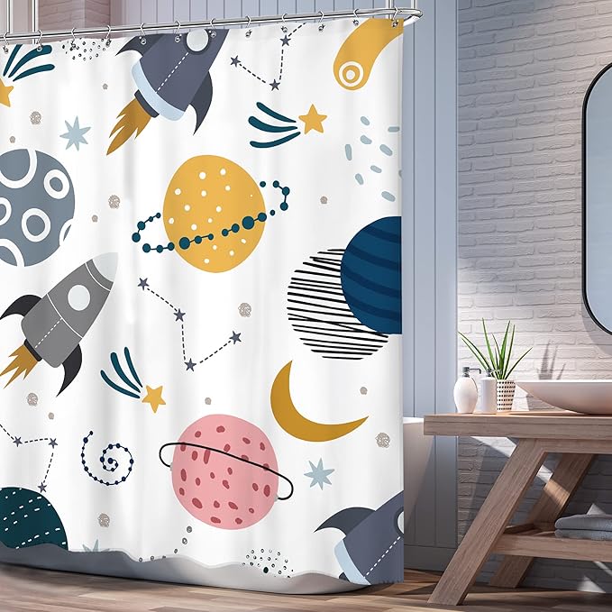 Kids Boys Space Shower Curtain 60Wx72L Inch Cute Cartoon Pink Planet Universe Funny Galaxy Rocket Star Moon Girl Cosmos Lovely Nursery Bathroom Set Bath Curtain Bathtub Accessories Home Decor