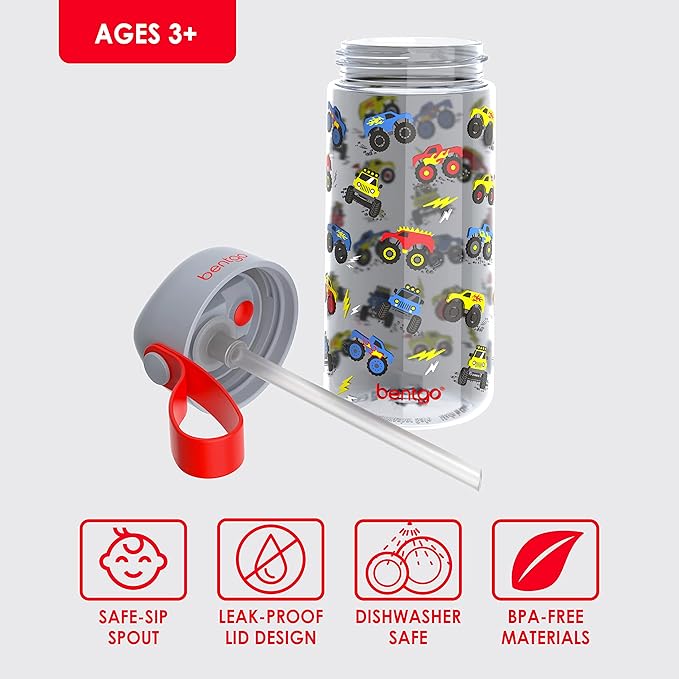 Bentgo Kids Water Bottle - Leak-Proof, Durable Tritan™, BPA-Free 15 oz. Cup for Kids/Toddlers Ages 3+ - Flip-Up Straw & Dishwasher Safe for School, Sports, Daycare & Camp (Trucks)