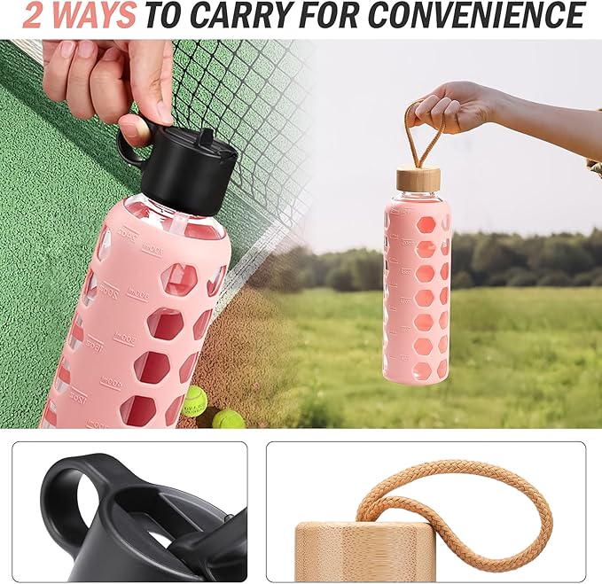 MUKOKO Glass Water Bottles, 32oz Glass Tumbler, Drinking Bottles with 2 Lids-Handle Flip Straw Lid&Bamboo Lid, Motivational Water Bottle with Time Marker and Silicone Sleeve, Leakproof-1 Pack-Pink