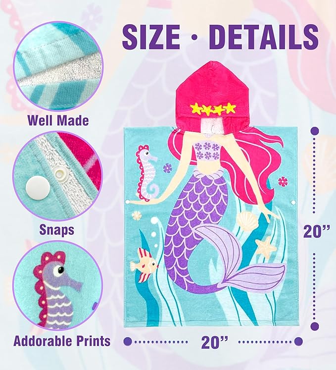Toddler Bath Towel Hooded - Cotton Kids Beach Towel 20"x20" for Ages 1 to 4, Toddler Towels with Hood Snaps, Soft Terry Poncho Towel as Pool Swim Cover Ups for Girls Boys (Memaild Aqua)