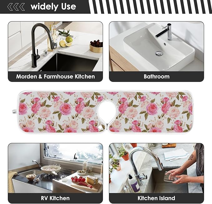 Kitchen Faucet Absorbent Mat,Pink Rose Flower Floral Water Splash Guard for Sink, Faucet Drip Catcher Thicken Sponge Microfiber Faucet Water Catcher Mat Sink Absorbent Mat for Kitchen 23x5in 2 Pack