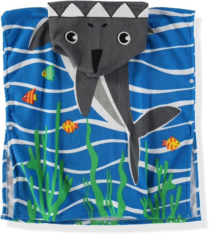 Boys and Girls Absorbent Hooded Beach Towel Pullover Character Microfiber Bath Towel with Side Snaps (Shark, 4-5)