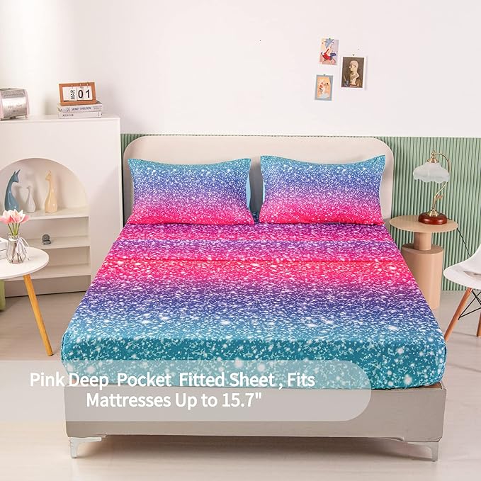 RYNGHIPY Colorful Glitter Bed Sheet Collections, Glitter Rainbow Theme Fitted Sheet Twin Size, Mermaid Design Sheets Set for Girls (Pink Blue,Twin)