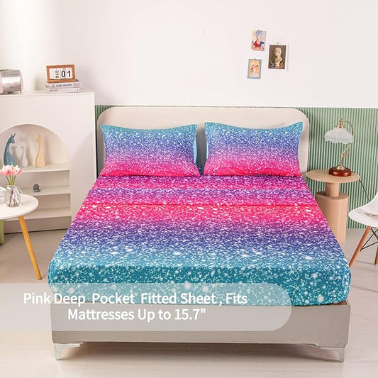 RYNGHIPY Colorful Glitter Bed Sheet Collections, Glitter Rainbow Theme Fitted Sheet Full Size, Mermaid Design Sheets Set for Girls (Pink Blue,Full)