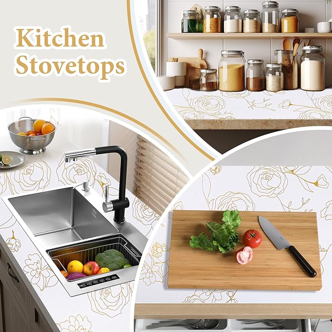 Shelf Liners for Kitchen Cabinets Non Adhesive Drawer Liner 23.6in x 30FT Gold Floral Thickened Shelf Liner Paper Strong Non-Slip Easy to Clean for Tool Box Refrigerator