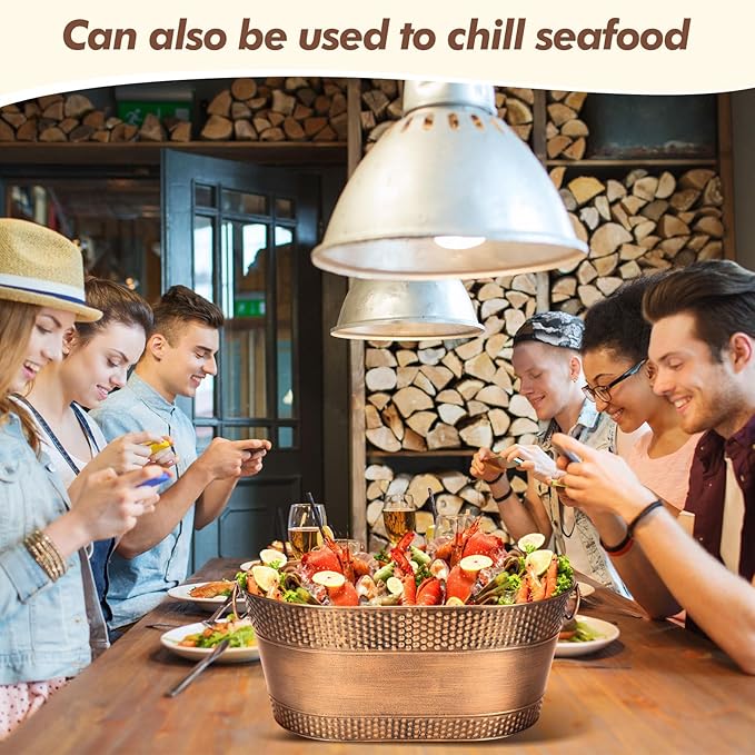 Nuogo 4 Pcs Stainless Steel Oval Ice Buckets for Parties 15 Qt/ 4 Gallon Galvanized Metal Drink Bucket with Handles Leak Resistant Beverage Tub Rustproof Wine Cooler Bucket Beverage Chiller(Bronze)