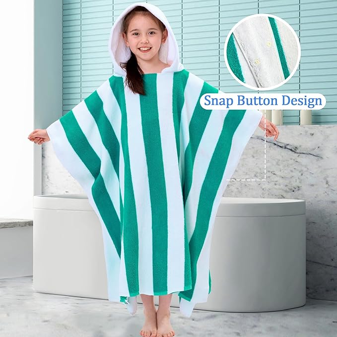 Terry Cloth Hooded Towel Poncho for Boys| Girls | Teens (8-16Years), 100% Cotton Thick Soft Absorbent Poncho Towel Robe for Kids, Perfect for Pool, Beach, Bath and Gifts, Aqua White Stripe