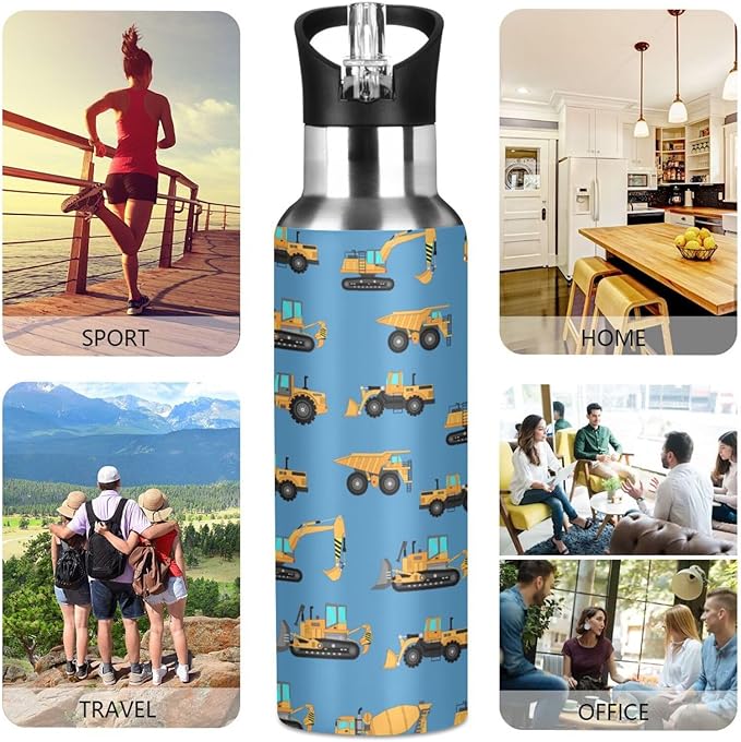 Excavator Concrete Mixer Stainless Steel Water Bottle with Straw Lid - 20 Oz Sports Insulated Water Bottle Thermos for Sport Gym Outdoor Travel School