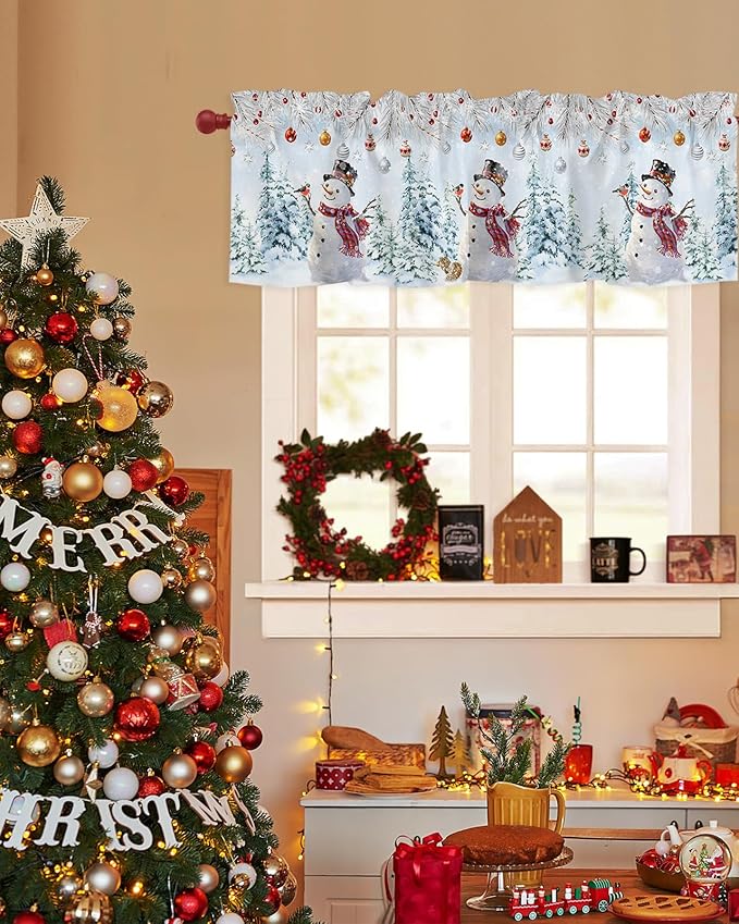 Snowman Valance Curtains for Kitchen Windows Blue Merry Christmas Tree Red Balls Squirrel Rod Pocket Window Treatment Toppers for Kitchen/Living Room/Bedroom/Bathroom, 60" X 18", Winter