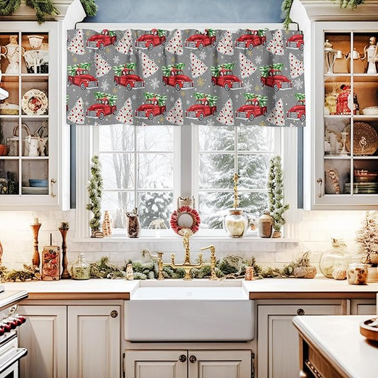 Red Truck Christmas Valance Curtains for Kitchen Windows Merry Christmas Tree Rod Pocket Window Treatment Toppers for Kitchen/Living Room/Bedroom/Bathroom, 54" X 18", Winter Snowflake Grey