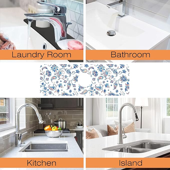 Kitchen Faucet Mat Watercolor Ceramic Floral Kitchen Sink Splash Guard Faucet Mat,1 PC Splash Guard Behind Faucet Drip Catcher for Kitchen,Dish Drying Mat,Bathroom Faucet Mat 15.5""X5.5""