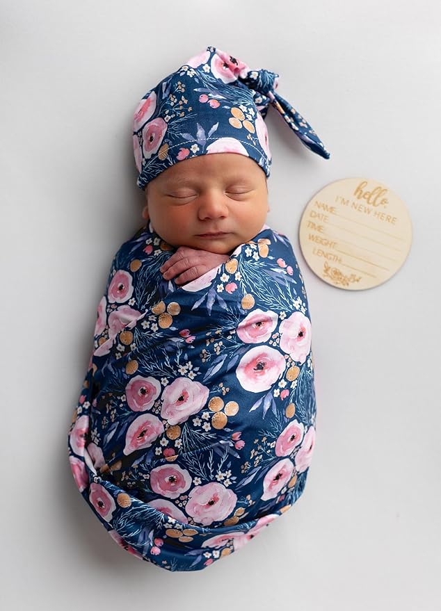 Baby Receiving Blanket Swaddle Blanket Infant Wrap with Matching Headband Beanie and Name Card (Purple)