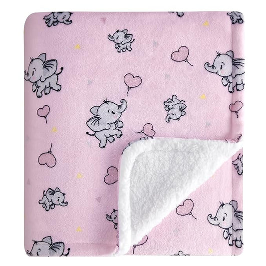 DaysU Plush Flannel Sherpa Baby Blanket for Girls Boys, Generous Reversible Soft Micro Fleece Toddler Bed Throw Blanket with Animal Print for Kids and Children, Elephant, 50"x60"