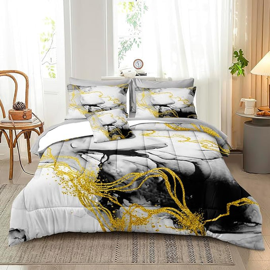 Bedbay Marble Comforter Set King Size Watercolor Bedding Black and Gold Bedding Duvet Set Abstract Marble Texture 4 Pieces Soft Microfiber Lightweight Down Alternative Comforter(Ink,King) 