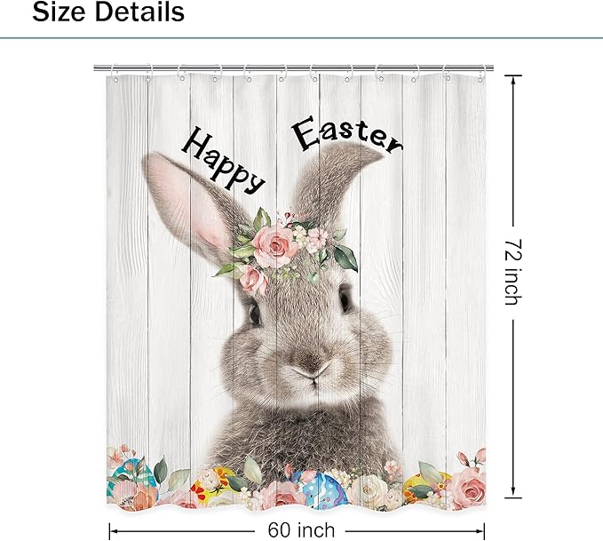 Happy Easter Rabbit Bunny Shower Curtain 60Wx72L Inch Rustic Cute Animal Spring Kids Wood Board Flower Floral Shower Curtain Bathroom Set Country Bath Curtain Bathtub Accessories Home Decor