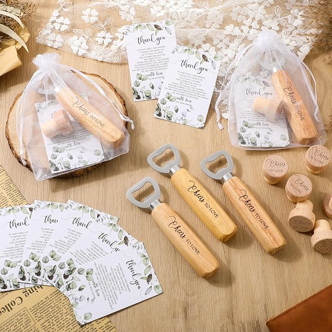 Barydat 36 Sets Wedding Favors Bulk for Guests Wine Corks Wooden Stopper Beer Bottle Opener Wedding Thank You Gift Card Organza Bag Wedding Appreciation Gifts for Bridal Shower