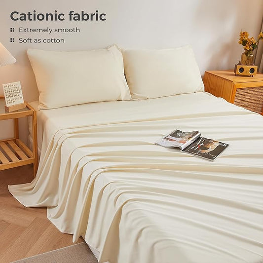 King Sheets Cream, Ultral Soft Cationic Linen Look Sheets, Luxury Cooling Cozy Bed Sheet Set with Non-Slip Fitted Sheet