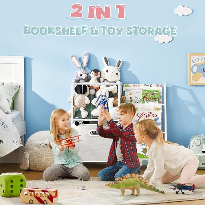 Kids Bookshelf and Toy Storage Organizer, 3 Tier Bookcase Book Shelf Stuffed Animal Storage with Toy Bins for Toddler Kids Rooms, Bedroom, Playroom, Nursery, Montessori Baby Toddler