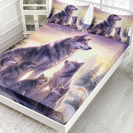 AILONEN Wolf Fitted Sheet Set Queen Snow Wolf Bed Sheet Set, Wolfmother and Wolf Pups Theme Bedding Set 3 Pieces Wildlife Wolf Sheet Set for Boys Girls,1 Fitted Sheet with 2 Pillowcases