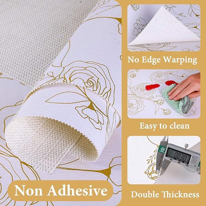 Shelf Liners for Kitchen Cabinets Non Adhesive Drawer Liner 23.6in x 30FT Gold Floral Thickened Shelf Liner Paper Strong Non-Slip Easy to Clean for Tool Box Refrigerator