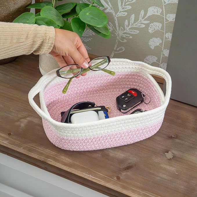 OrganiHaus Set of 5 Rectangle Bathroom Storage Baskets for Organizing, Small Woven Baskets for Storage Basket for Bathroom, Nursery Storage Basket for Baby Nursery Organization, Cute Bins, Pink/White