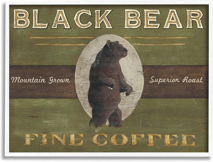 Stupell Industries Black Bear Fine Coffee Rustic Kitchen Mountain Animal, Designed by June Erica Vess White Framed Wall Art, 16 x 20, Green