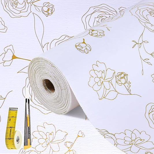 Shelf Liners for Kitchen Cabinets 17.5in x 20FT Non Adhesive Drawer Liner Gold Floral Thickened Shelf Liner Paper Strong Non-Slip Easy to Clean for Tool Box Refrigerator with Knife and Tape Measure