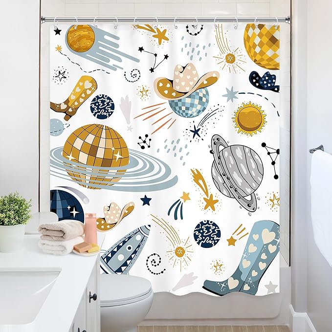 Kids Western Planet Shower Curtain 60Wx72L Inch Boy Disco Outer Space Retro Cool Cowgirl Cowboy Funny Galaxy Universe Wild West Bathroom Set Unique Bath Curtain Bathtub Accessories Home Decor
