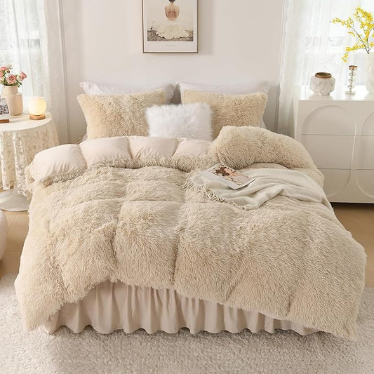 Litanika Plush Beige Comforter Queen, Luxury Fluffy Fuzzy Bedding Set for Queen Bed, Ultra Soft Velvet Faux Fur Comforter 3 Pieces(1 Shaggy Comforter 90×90 Inch, 2 Pillowcases)