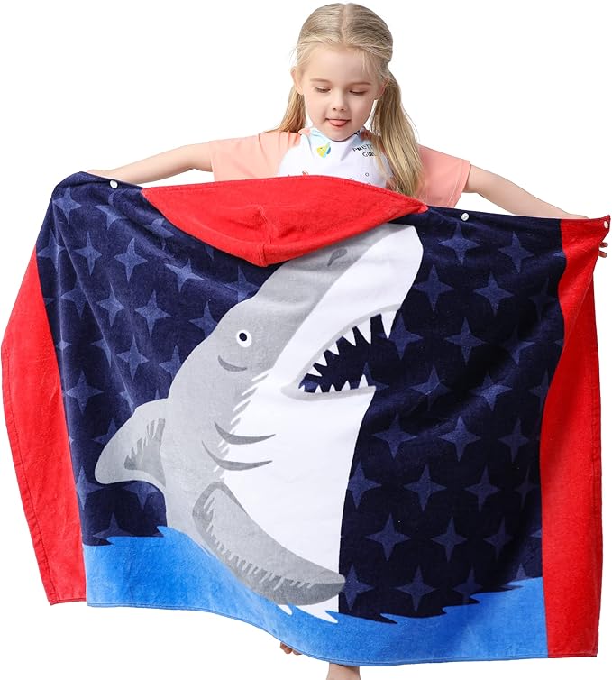 Premium Cotton Hooded Towel for Kids | Great White Shark Design | Ultra Soft and Extra Large | Children Bath Towel with Hood for Girls & Boys
