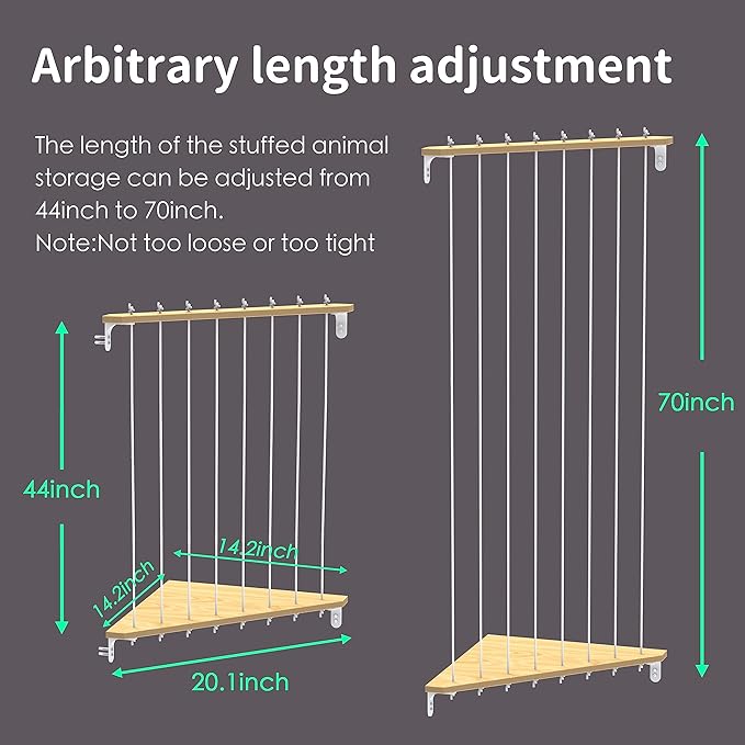 Stuffed Animal Storage Wood Corner Plush Toys Holder, Length Adjustable Hanging Stuffed Animal Toy Organizer Shelf for Nursery Kid Room Play Room Bedroom
