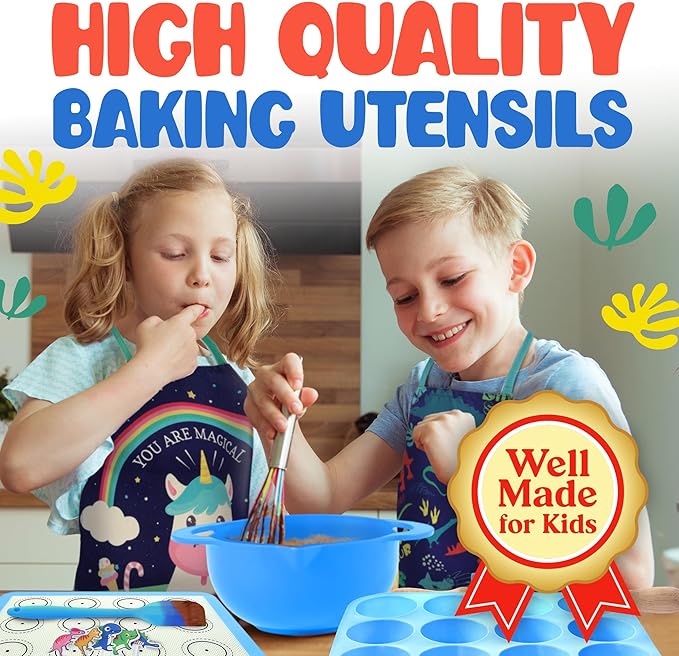 Osmi Complete Kids Baking Set - 14pc Dinosaur Chef Baking Kit - Premium Kid Cooking Gift Set w/ Real Utensils for Boys and Girls 4-12 - Bake Cookies, Cakes, and Cupcakes (Dino Theme)