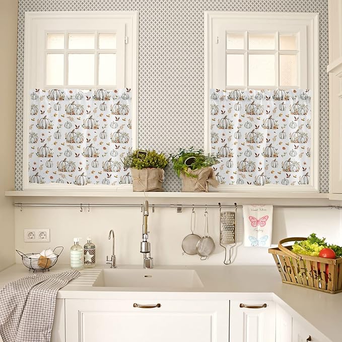Vandarllin Fall Floral Leaves Kitchen Curtains and Valances Set, Thanksgiving Pumpkins Half/Short Curtains for Small Windows Cafe/Living Room/Bedroom 54x24 in-, Boho Window Treatments Tiers