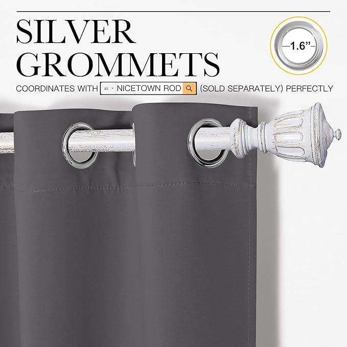 NICETOWN Grey Blackout Curtain Panels for Bedroom, Thermal Insulated Grommet Top Blackout Draperies and Drapes for Basement (2 Panels, W42 x L68-inch, Grey)