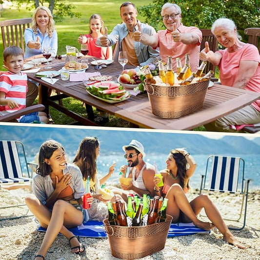 Nuogo 4 Pcs Stainless Steel Oval Ice Buckets for Parties 15 Qt/ 4 Gallon Galvanized Metal Drink Bucket with Handles Leak Resistant Beverage Tub Rustproof Wine Cooler Bucket Beverage Chiller(Bronze)