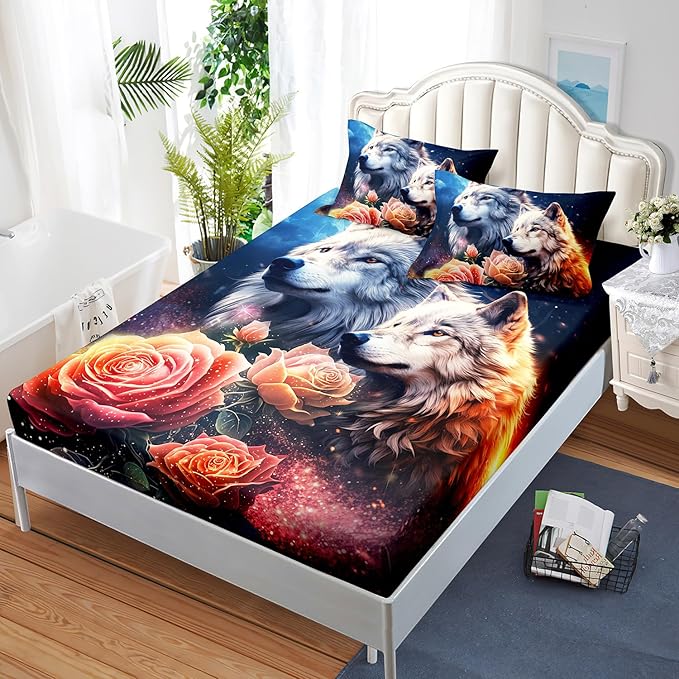 AILONEN Wolf Fitted Sheet Set Twin XL Size, Red Floral Flower and Wolves Animals Bed Sheet Set,3 Pieces Safari Wolf Bed Sheet Set for Boys Girls,1 Fitted Sheet with 2 Pillowcases