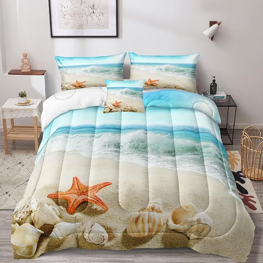 Bedbay Beach Theme Comforter Queen Seashell Comforter Set Beach Room Decor Starfish Seashore Beach Quilt Set 4 Pcs Beachy Comforter Set Coastal Bedding Quilt Set for All Seasons(Conch,Queen)