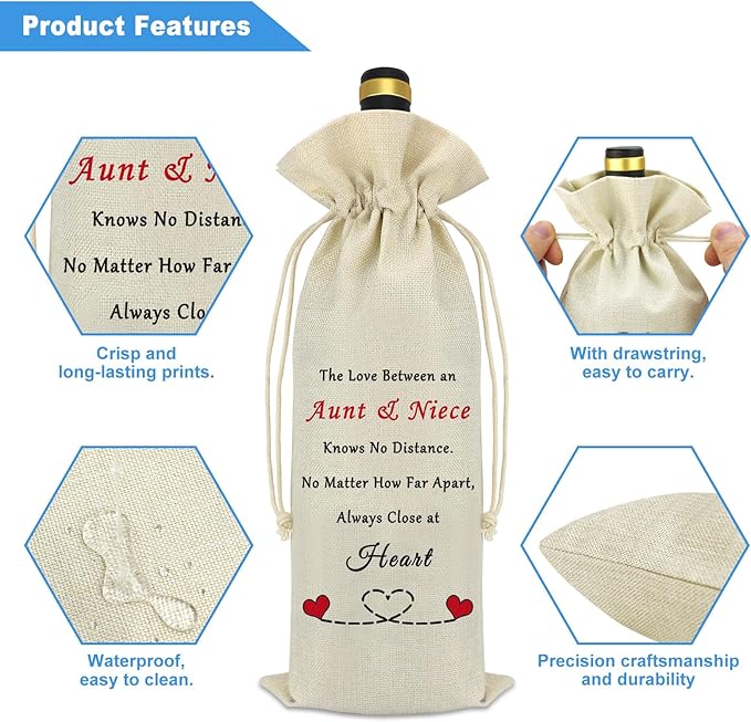 Aunt Gifts from Niece Auntie And Niece Wine Bag Auntie Birthday Gifts Long Distance Gifts Decorative Wine Bottle Bag Christmas Thanksgiving Mothers Day Gift for Aunt Wine Gift Bags with Drawstrings