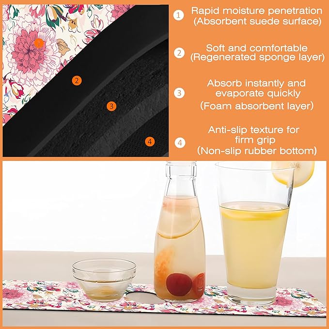 Kitchen Faucet Mat Artistic Floral Kitchen Sink Splash Guard Faucet Mat,1 PC Splash Guard Behind Faucet Drip Catcher for Kitchen,Sink Mat,Dish Drying Mat,Bathroom Faucet Mat 15.5""X5.5""