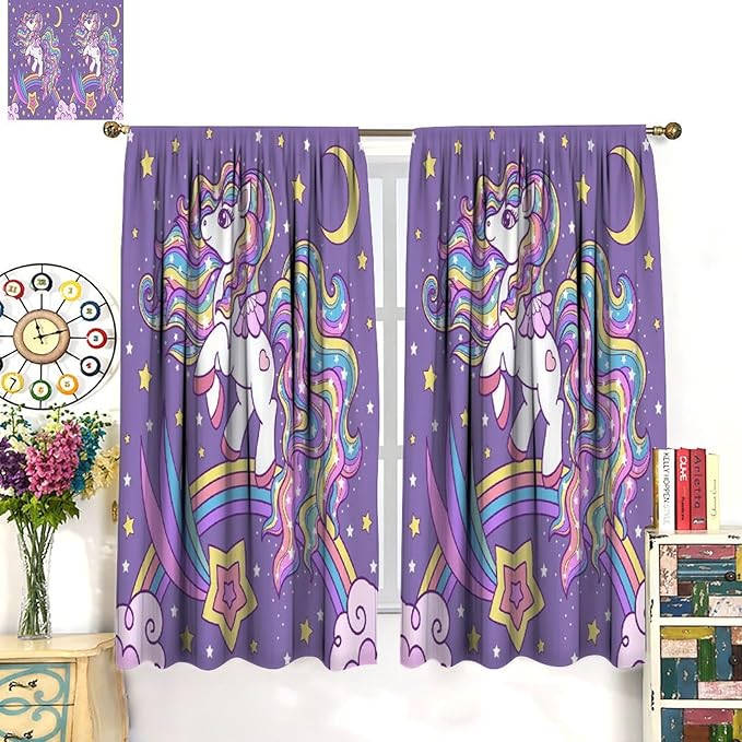 Unicorn Curtains Fantasy Star Moon Cartoon Theme Curtains Cute White Unicorn Rainbow Design Printed Curtains Boys Girls Room Curtains 72x63 Inch 2 Panels