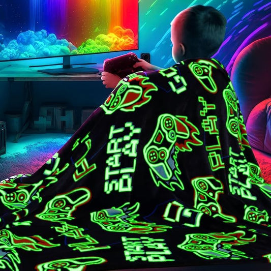 Glow in The Dark Video Gaming Blanket Soft Fuzzy Gamer Throw Blanket Boys Room Decor Game Gifts for Men Teens Couch Sofa Bedroom