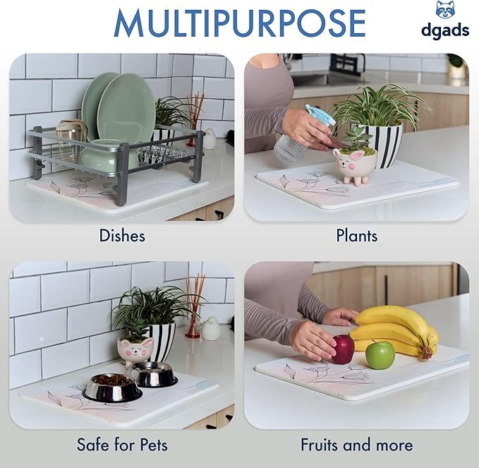 Stone Drying Mat for Kitchen Counter 17.71" x 13.77" with 2 x Absorbent Cup Coasters, Sanding Tool & Non-Slip Pad in Set | Quick Drying | Heat-Resistant | Diatomaceous Earth Instant Drying Dish Mat