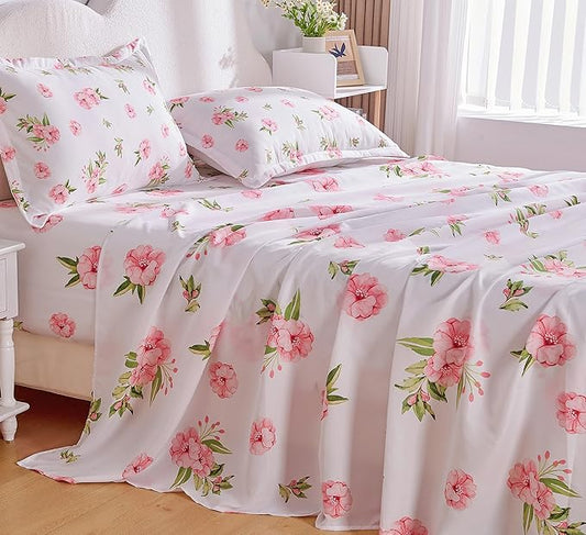 Queen Sheet Set White Pink Floral Bed Sheets Set Cute Soft Microfiber Cooling Sheets 4 Pieces Queen Size Bed Set Wrinkle Free, 15 inch Deep Pocket Fitted Sheet, Flat Sheet, Pillowcases