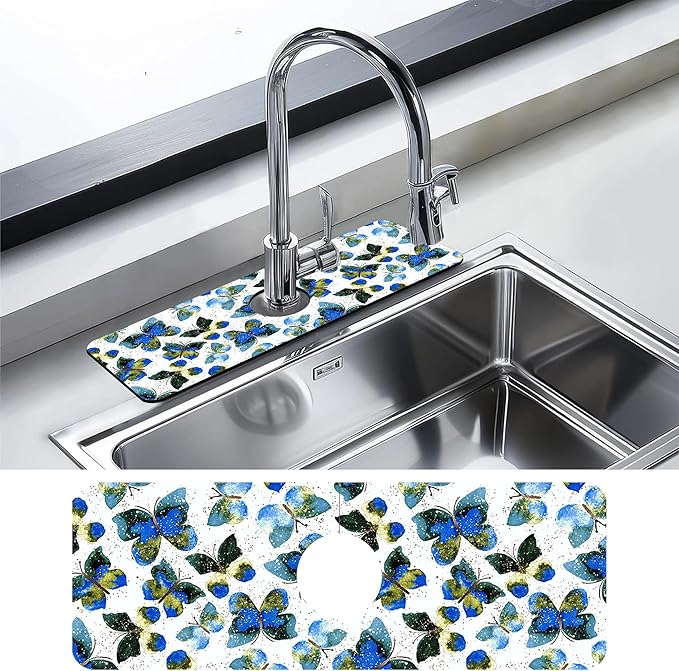 Kitchen Faucet Mat Colorful Butterfly Animals Kitchen Sink Splash Guard Faucet Mat,1 PC Splash Guard Behind Faucet Drip Catcher for Kitchen,Dish Drying Mat,Bathroom Faucet Mat 15.5""X5.5""